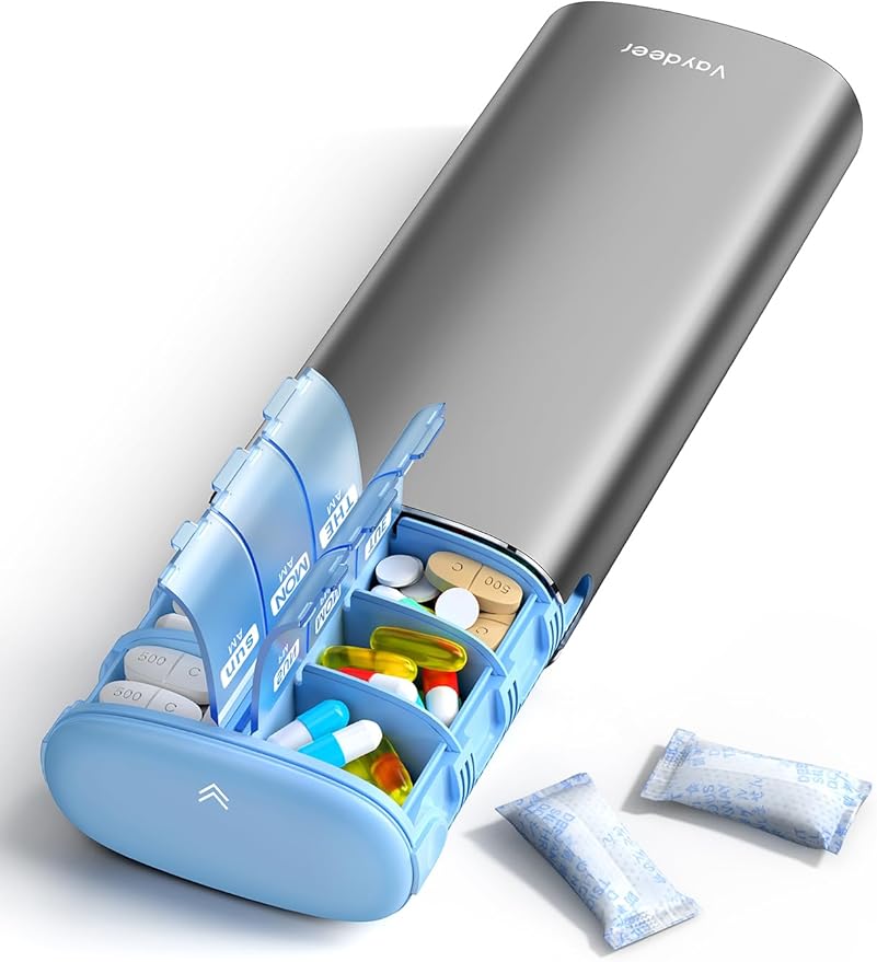 Vaydeer Metal 7 Day Pill Organizer 2 Times a Day – AM PM Weekly Travel Pill Case with Moisture-Proof Desiccant, Airtight Large Capacity Pill Box for Vitamins, Medications & Supplements (Grey)