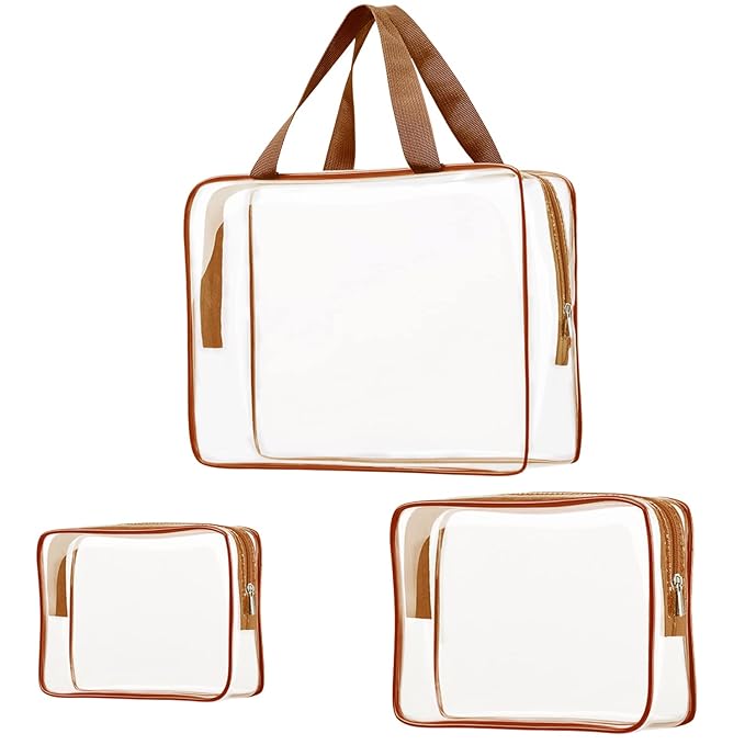 3Pcs Crystal Clear PVC Travel Toiletry Bag Kit for Women Men, Waterproof Vinyl Packing Organizer Storage Bags with Zipper Handle Straps, Cosmetic Pouch Carry on Airport Airline Compliant Bag Handbag
