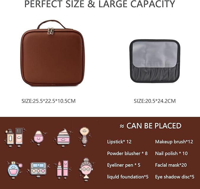 Makeup Bag with Led Mirror,Travel Makeup Organizer with 3 Color Setting, Portable Storage and Adjustable Dividers Travel Makeup Bag(Dark brown)
