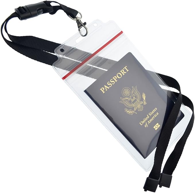 Passport Holders - 2 Pack - Heavy Duty Water and Tear Resistant Resealable Sleeves & Premium Breakaway Lanyard - 4X6 Insert for Vaccination Cards, Cruise, Travel, and Beach Vacation Documents (Black)