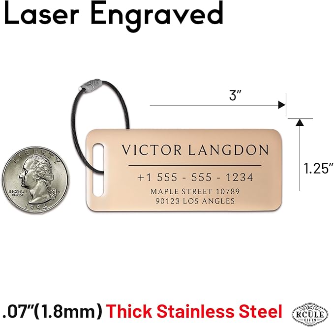 Personalized Luggage Tags for Suitcases - Stainless Steel Custom Luggage Tags for Backpacks & Bags, Sturdy, Waterproof & Heavy Duty (Rose Gold or Silver / 3" x 1.25")