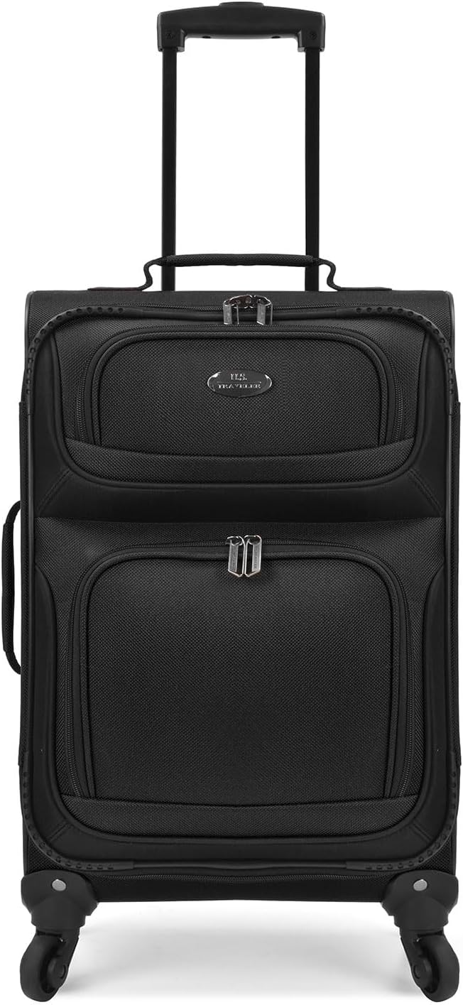 U.S. Traveler Lightweight Rolling 20" Carry On Luggage Softside Suitcase, Black, 4 Wheel