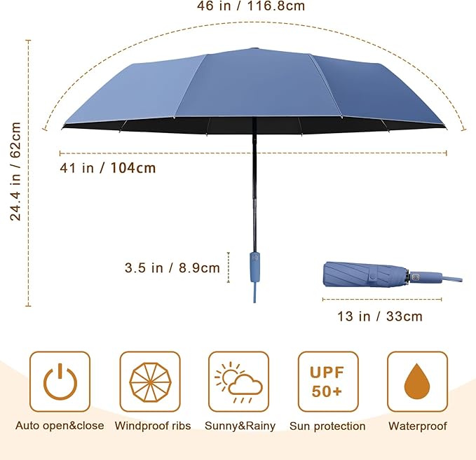 2-Pack Windproof, Waterproof, UV-Blocking Portable Travel Umbrella, Compact Sun & Rain Folding Umbrella, Double Rib Structure, Large Auto Open and Close Car Umbrella
