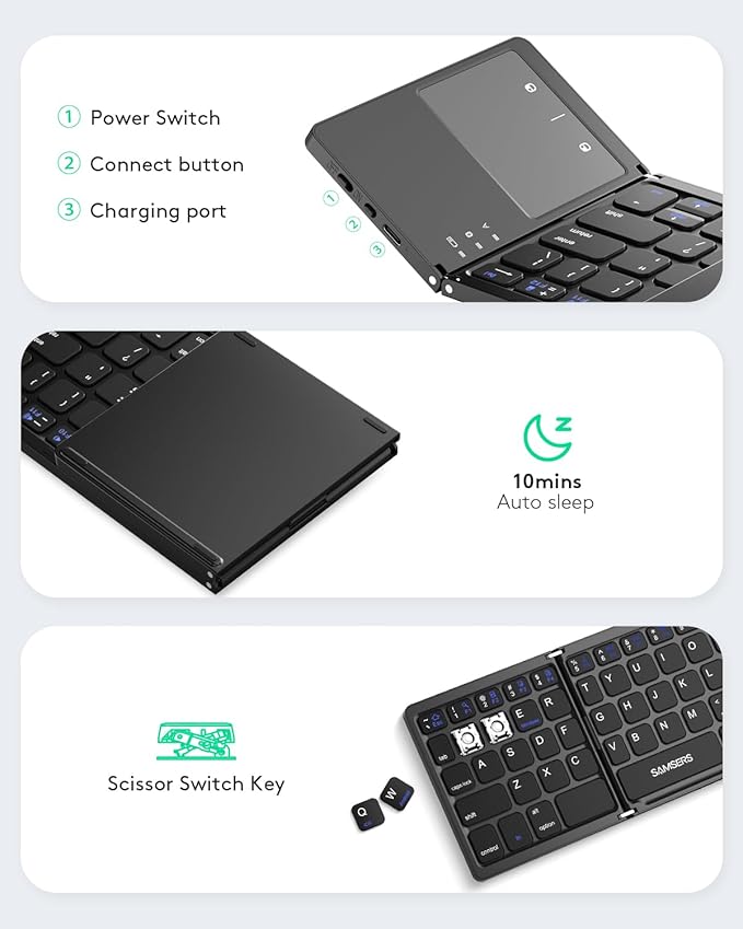 Samsers Foldable Bluetooth Keyboard with Touchpad - Portable Wireless Keyboard with Holder, Rechargeable Full Size Ultra Slim Pocket Folding Keyboards for Android Windows iOS Tablet & Laptop - Black