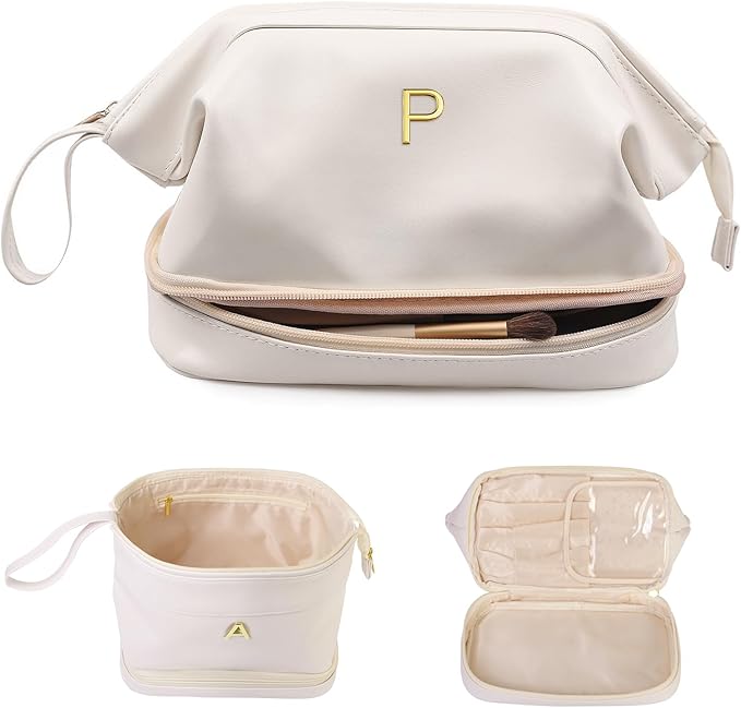 Girl Gift Ideas, White Makeup Bag, Initial Double Layer Cosmetic Bag with Makeup Brush Organizer, PU Leather Travel Toiletry Bag Gifts for Women Her Friend Sister Mom Gifts