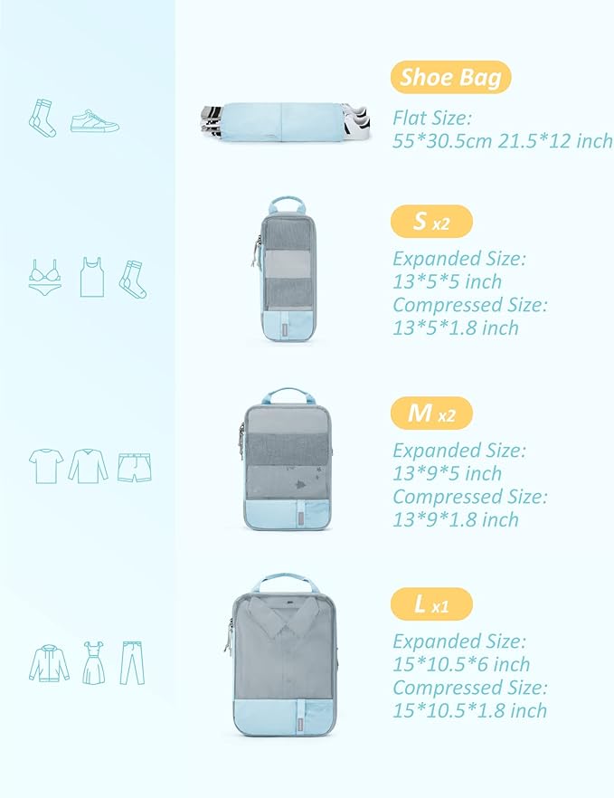BAGSMART 6 Set Compression Packing Cubes - Lightweight Travel Essentials, Durable Luggage Organizer