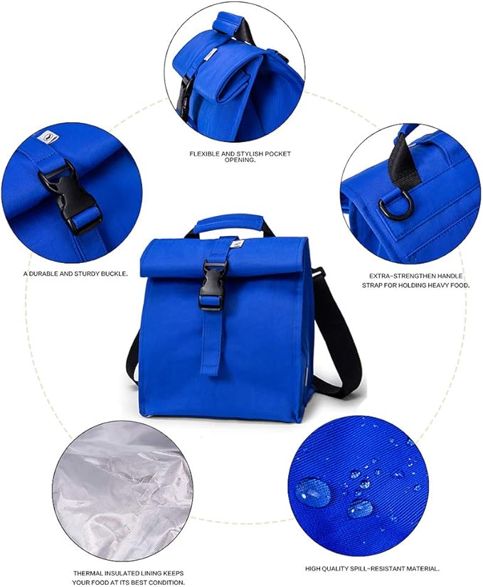 SUNNY BIRD Insulated Lunch Bag Rolltop Lunch Box Tote Lunchbox Bag for Women, Men, Adults and Kids (Blue)