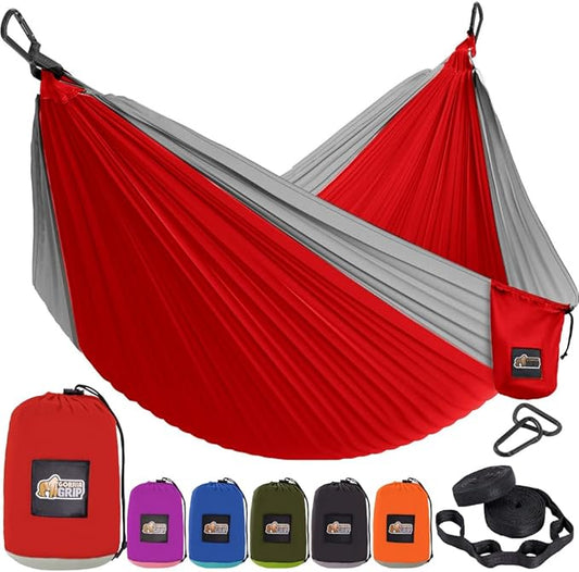 GORILLA GRIP Durable Portable Camping Hammock, Holds 400lbs with Heavy Duty Tree Straps, Comfortable Travel Swing, Camp Hammocks, Easy to Use and Install, Outdoor Essentials, Red, 10x6.5 FT