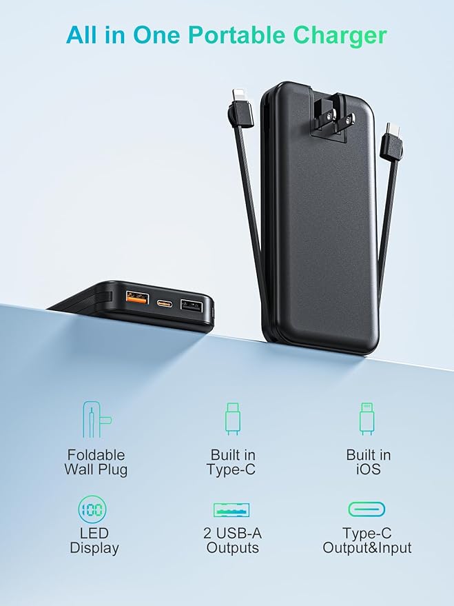 Portable Charger, 12000mAh 22.5W Type C Fast Charging Power Bank with Built-in Cables & Wall Plug, External Battery Bank with LED Display, Travel Essential Battery Pack for iPhone, iPad, Samsung Black