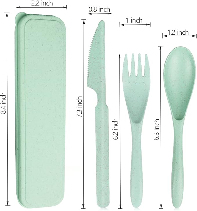Reusable Travel Utensils Set with Case, Green Wheat Straw Portable Knife Fork Spoons Tableware, Eco-Friendly BPA Free Cutlery for Kids and Adults as Travel Picnic Camping Utensils
