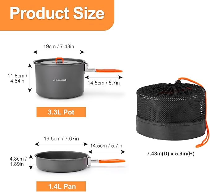 Odoland Camping Cookware Mess Kit, Non-Stick Lightweight Camping Pot and Fry Pan Set with Mesh Bag for Backpacking, Outdoor Cooking and Picnic