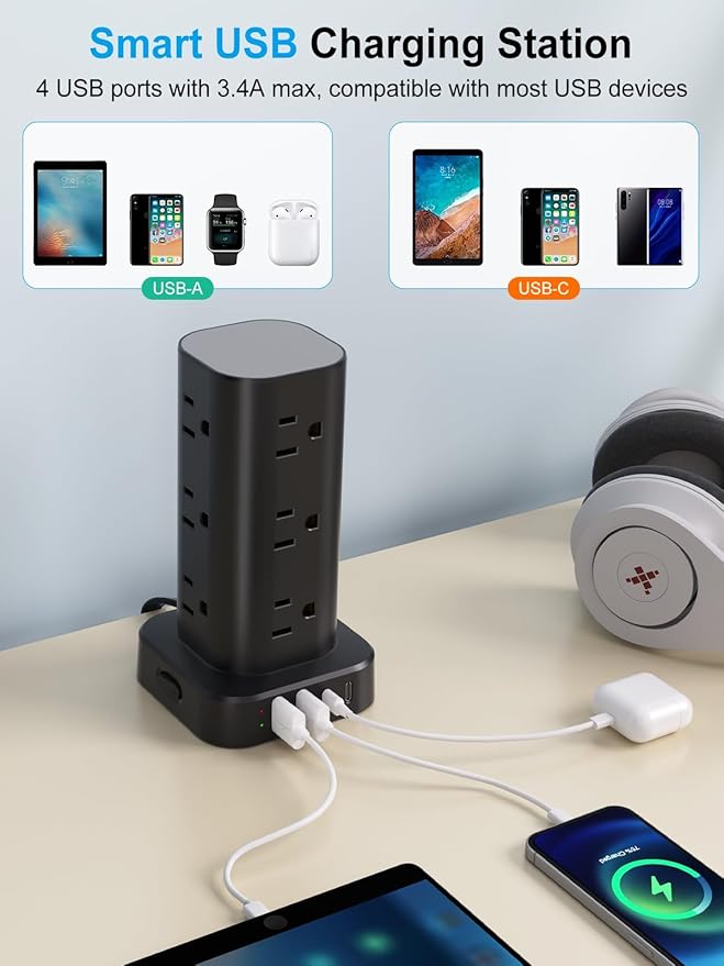 Power Strip Tower with Wireless Charger, Flat Plug Surge Protector Tower with 15FT Extension Cord, 12 AC Multiple Outlets, 4 USB (2 USB C),15W Wireless Charging Power Tower for Home Office Dorm, Black