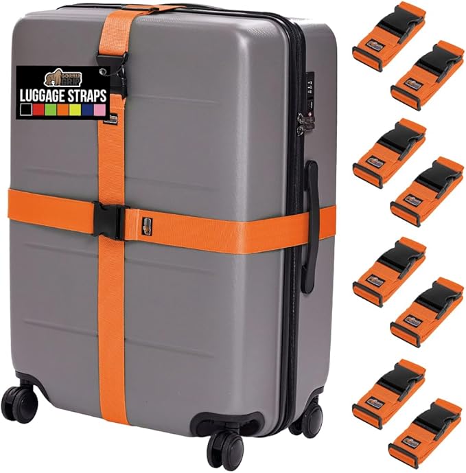 GORILLA GRIP Heavy Duty 8 Pack Adjustable Luggage Straps for Suitcases, Easy to Identify Travel Belt Connector Holds Suitcase Together, Extends Life of Bag, Strap Connects Two Bags, Accessories Orange