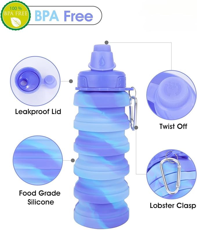 Collapsible Water Bottle for Adults, Boys, Students, Kids, Reusable Silicone Foldable Water Bottles for Travel Camping Hiking, Portable Sports Water Bottle, Purple & Blue