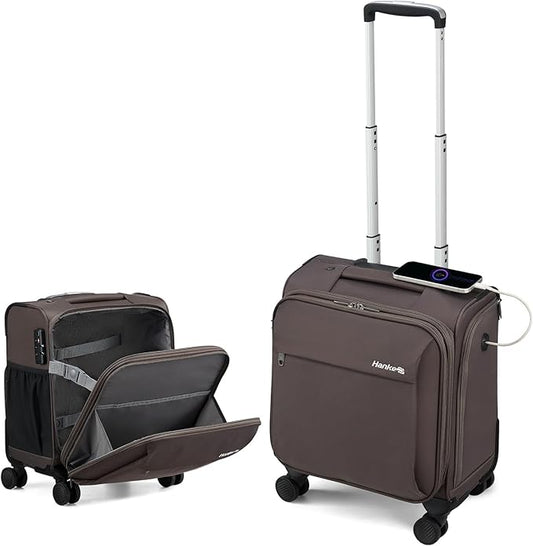 Hanke 16 Inch Underseat Carry On Luggage with Wheels Small Suitcase Softside Luggage Bags for Travel Lightweight Suitcases with Wheels Travel Luggage Personal Item for Men and Women.(Coffee)