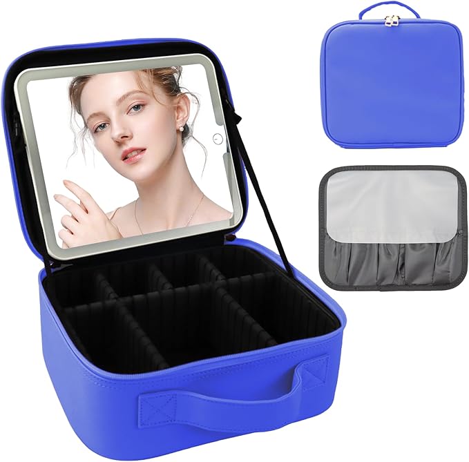 Travel Makeup Bag with LED Mirror and Light Makeup Travel Bag Organizer Portable Cosmetic Brush Organizer Bag with Adjustable Dividers for Cosmetics Makeup Brushes Toiletry (Dark Blue)