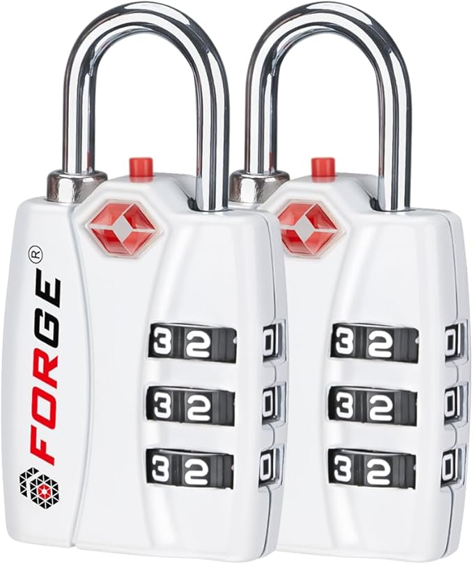 Forge Luggage Locks TSA Approved Locks, Small TSA Locks with Zinc Alloy Body, Open Alert, Easy Read Dials, for Travel Suitcase, Bag, Backpack, Cases, Lockers. White 2 Locks.