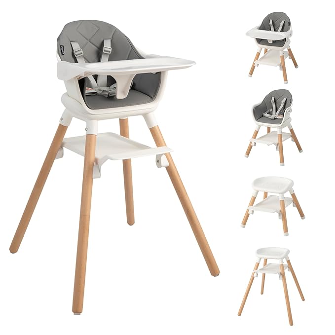 HONEY JOY Baby High Chair, 6 In 1 Convertible Wooden Highchair for Babies and Toddlers/Toddler Chair/Bar Stool, Removable Double Tray & Reversible Footrest, Safety Harness for Infant Boys Girls (Gray)