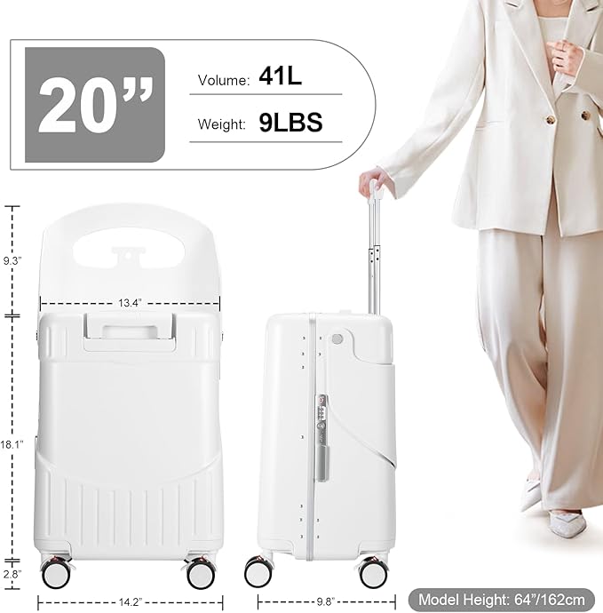 MRPLUM Ride On Luggage with Seat for Kids&Adults with Seat Belt,Hard Shell Lightweight Rolling Spinner Wheels Travel Luggage with TSA Lock,20 inch,White