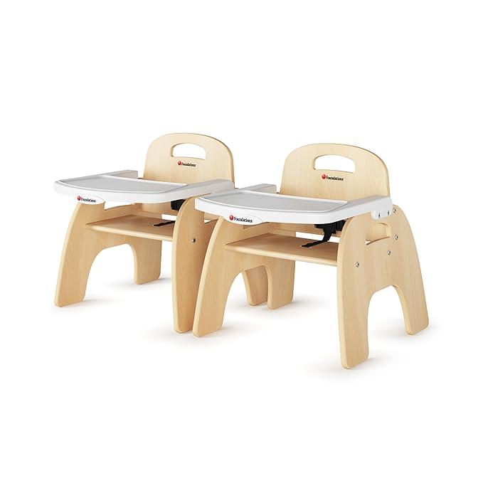 Foundations Easy Serve Low Wood Feeding Chairs Multipack, Adjustable Harness, Removable Dishwasher Safe Tray, No-Tip Base, Stackable Toddler Chairs, 2 Pack (9 inch)