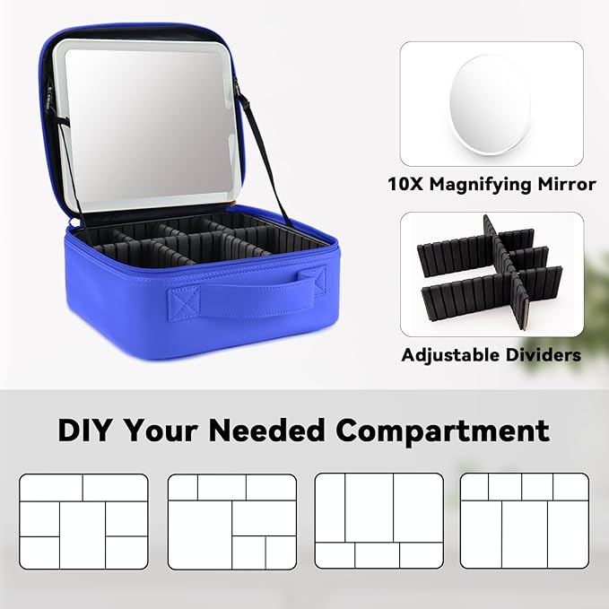 Travel Makeup Bag with LED Mirror and 10x magnifying glass with 3 Lighted Settings, Adjustable Dividers and Makeup Brush Storage Bag Dark Blue