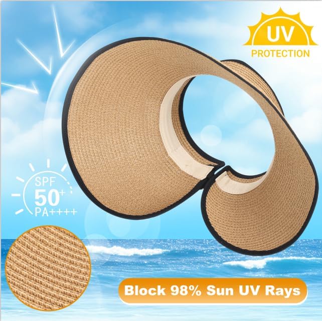 Womens Sun Visor Hat Straw Sun Visors for Women Summer Packable Ponytail Beach Hats for Women Travel