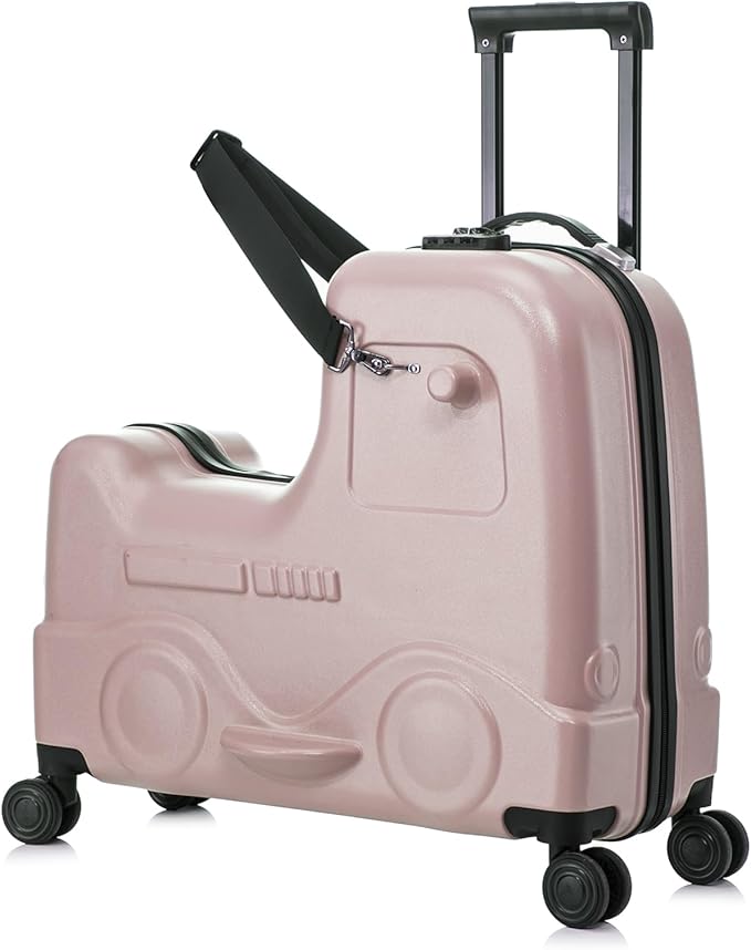 22 Inch Ride on Suitcase for Kids, Travel Luggage with Spinner Wheels for Child Travelling Stroller with Combination Lock/Safety Belt/Telescoping Handle (Pink)