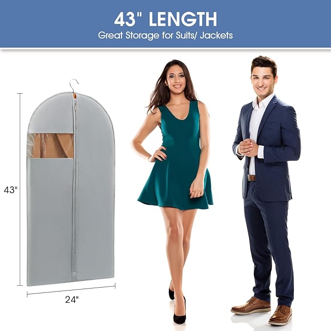 43" Garment Bags for Hanging Clothes, Suit Bags for Closet Storage and Travel, Grey Suit Cover Bags with Clear Window for Coats, Jackets, Shirts (2 Packs)
