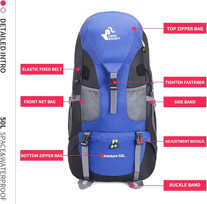 Bseash 50L Hiking Backpack, Water Resistant Lightweight Outdoor Sport Daypack Travel Bag for Camping Climbing Skiing Cycling (Blue - No Shoe Compartment)