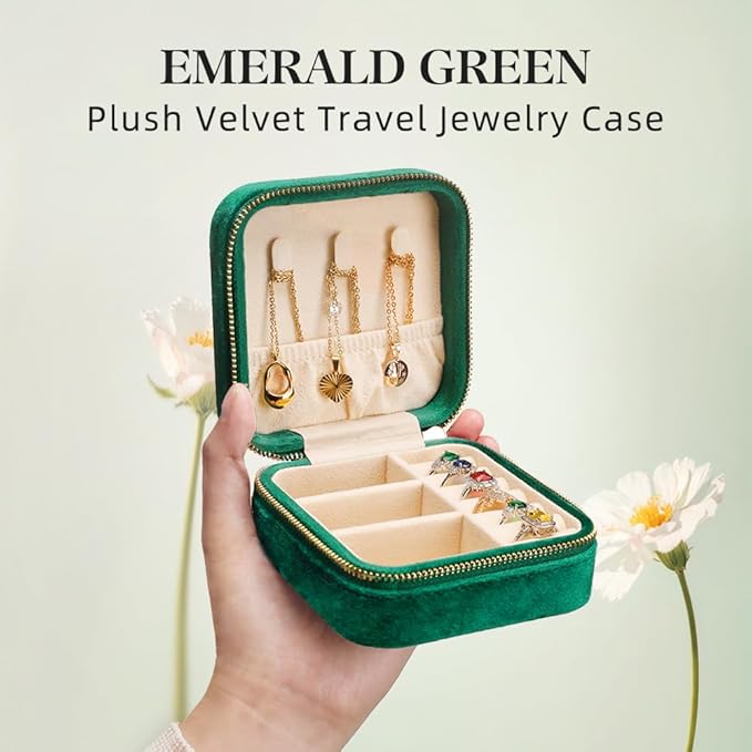 TAIMY Plush Velvet Travel Jewelry Box, Small Travel Jewelry Case, Portable Mini Jewelry Travel Organizer Boxes for Rings Earrings Necklaces Bracelets(Emerald Green,No Mirror)