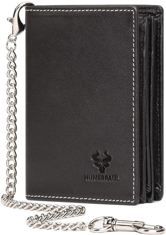 Holder for AirTag Men's Wallet Genuine Leather Purse RFID Blocking Bifold with Anti-Theft Chain,Black with Gift Box (BLACK)