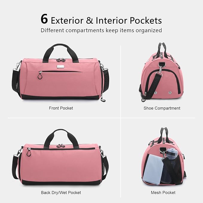 TOPDesign Gym Bag for Women & Men, Unisex Duffel Bag with Shoe Compartment & Wet Pocket for Travel Sports Gym (M Pink)