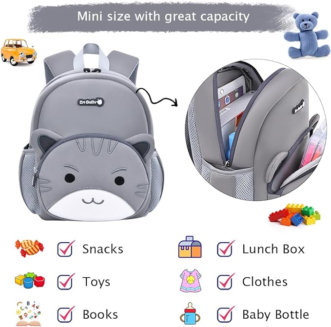 Padgene Toddler Backpacks Kids Preschool Backpack Waterproof Neoprene Animal Schoolbag Lunch backpack 3D Cartoon Cat Mini Travel Bag for Boys Girls Ages 3-5