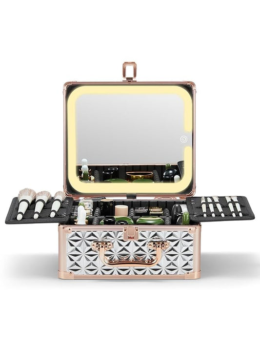 Qislee Makeup Box with A Detachable Lighted Mirror, Waterproof Travel Train Case, Cosmetic Organizer and Makeup Suitcase with Adjustable Dividers, Magnetic LED Mirror(Sparkling Silver)