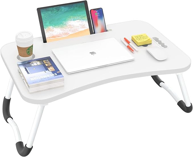 BUYIFY Folding Lap Desk, 23 Inch Portable Wood White Laptop Bed Desk Lap Desk with Cup Holder, for Working Reading Writing, Eating, Watching Movies for Bed Sofa Couch Floor
