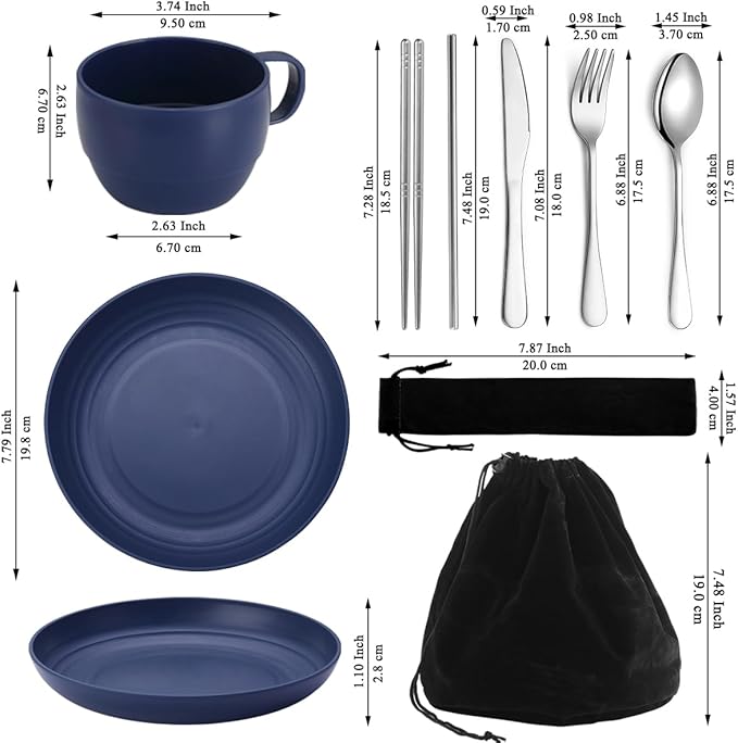 Camping Essentials Set, HOMQUEN Camping Plates and Bowls Set, Coffee Mug, Travel Cutlery Set Include Spoon, Fork, Knife for Work, Outdoor,Picnic, Camp (Blue)