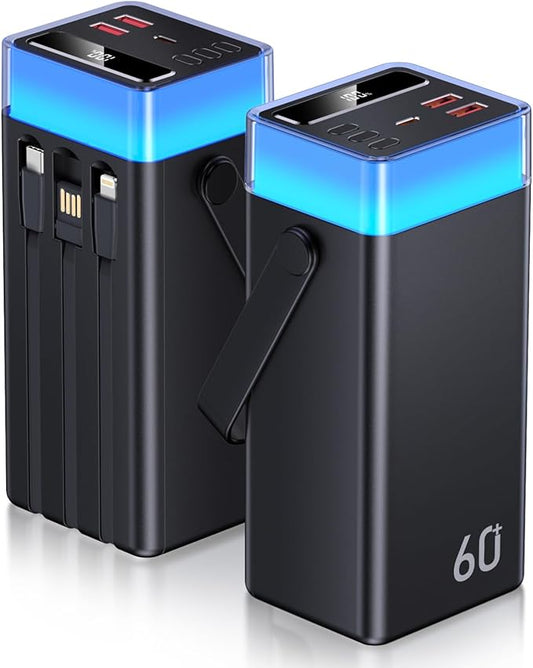 Power Bank 60000mAh 22.5W Fast-Charging Portable Charger with Built-in Cables Portable High Capacity Portable Phone Charger Power Bank for iPhone, Samsung, Galaxy, Travel Camping Outdoor