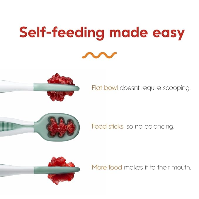 NumNum Baby Spoons Set, Baby Essentials Pre-Spoon GOOtensils for 6+ Months, First Stage Self-Feeding Spoons for Baby Led Weaning (BLW), Silicone Toddler Utensils, BPA-Free, 2 Pack Blue/Orange