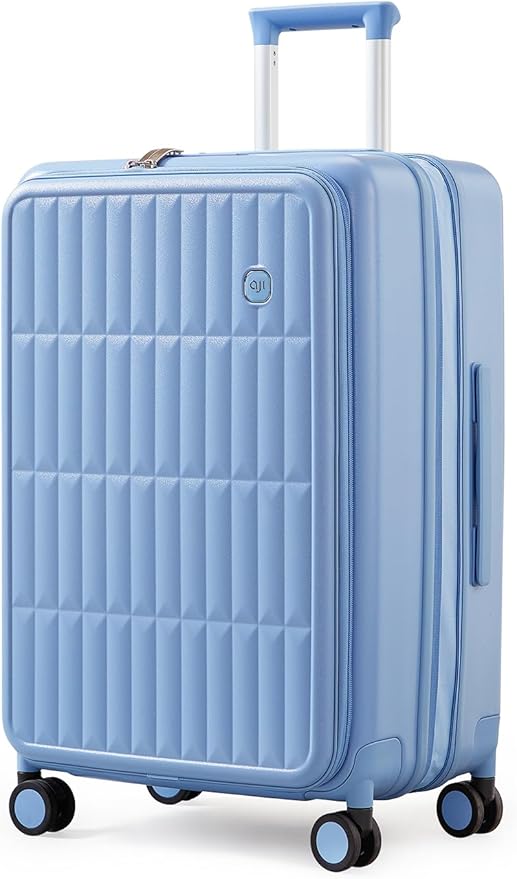 aji Expandable Top Open 24 Inch Checked Luggage with Spinner Wheels, Large Suitcase with TSA Lock, Hardside Travel Luggage Suitcases for Men Women, for 14+Days Travel, Blueberry Blue
