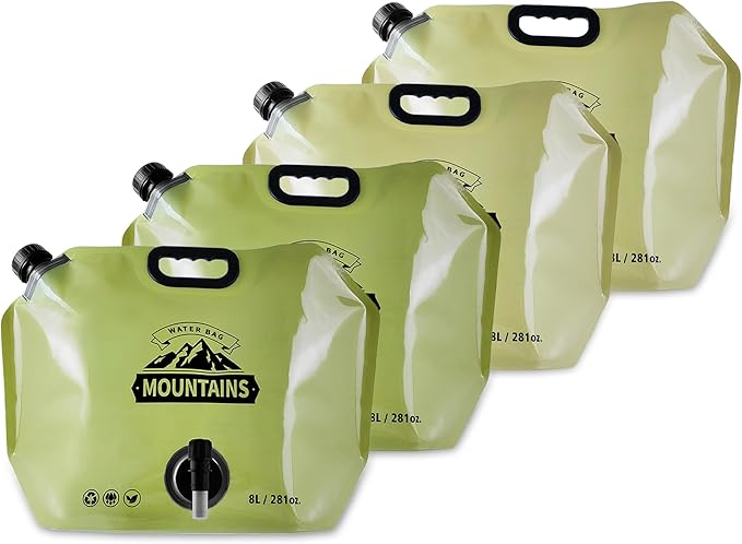 Collapsible 8L Water Storage Bag, BPA-Free Portable Folding Water Jug with Adjustable Faucet, Leakproof Emergency Water Bag for Camping, Hiking, Riding, Outdoor Sport (BEIGE&GREEN, 4)