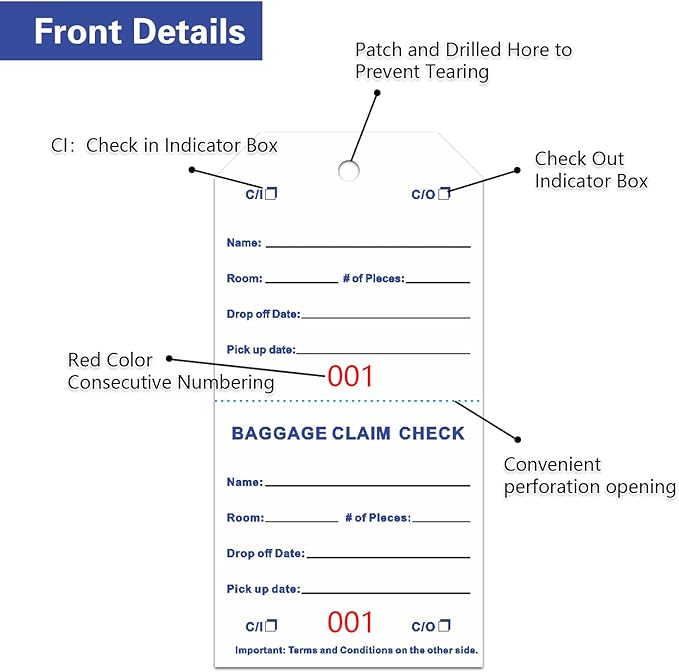 1000 Baggage Claim Check Tags with Transfer Tape on Back, 4 3/4 x 2 3/8 Hotel Luggage ID Tags Numbering from 001 to 1000, Baggage Identification for Hotel Suitcase Motel Bag