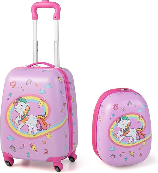 HONEY JOY Kids Luggage, 12" Toddler Backpack & 16" Travel Suitcase with Wheels, Lightweight Toddler Girls Suitcase, Durable ABS Hardshell, 2Pcs Carry On Luggage Set for Boys Girls(Pink Horse)