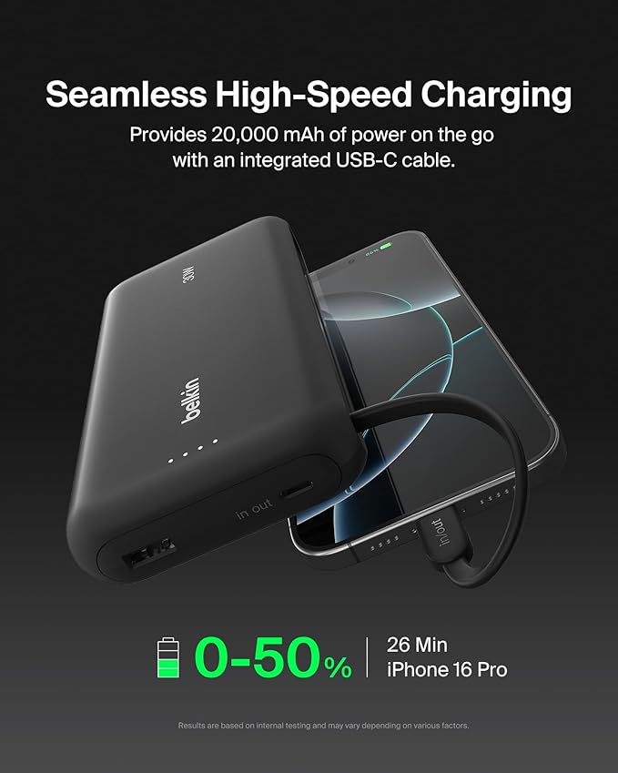 Belkin Portable Charger, Power Bank with Integrated Cable 20000 mAh 30W - Fast Charging USB C Power Delivery, iPhone Charger - iPhone 16 Series, iPad Pro, Galaxy S25 Series, & More - Black