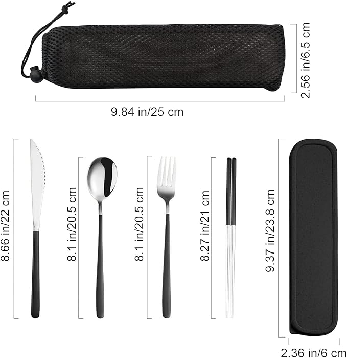 VANRA 4-Piece Portable Travel Utensils Set with Case 18/8 Stainless Steel Flatware Set Reusable Cutlery Set with Fork Spoon Knife Chopstick for Lunch Travel Camping School Work Picnic (Black)
