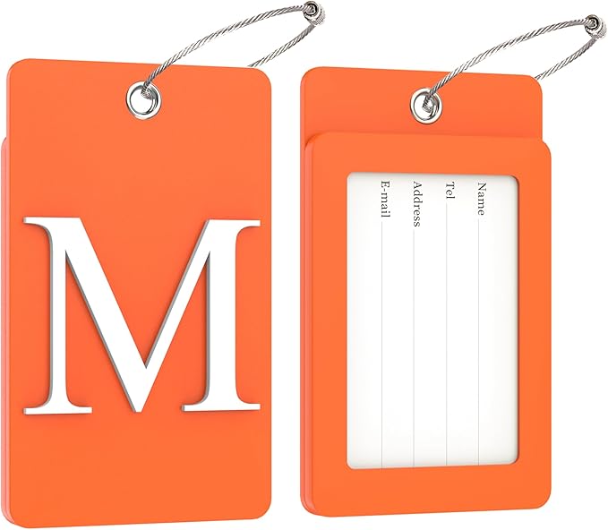 Gostwo 2 Pack Luggage Tags for Suitcases, 26 Initial Letter Travel Luggage Baggage Identification Labels ID Tag Fully Bendable Tags with Stainless Steel Loop (Orange) (Letter M)
