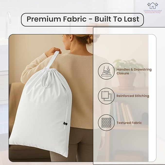 LFH Home Cotton Canvas Large Laundry Bag with Handle, Heavy Duty Drawstring Closure Washable Laundry Bags, School Travel, Home, Hotel, College Dorm, Organizer Sack, Toy Clothes 24x36 (Pack of 2)-White