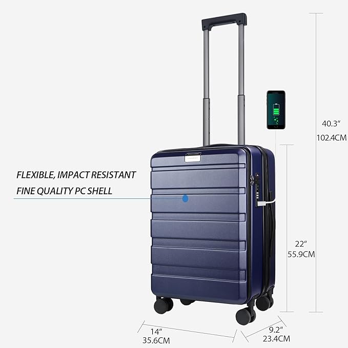 KROSER Carry On Luggage with Spinner Wheels & Built-in TSA Lock, Expandable Top Loading Hard Shell Suitcase Large Capacity Durable Rolling Luggage with USB Port, Carry-On 20-Inch, Navy