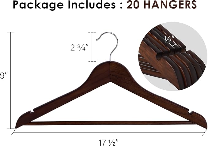 StorageWorks Wooden Hangers 20 Pack, Wood Coat Hanger for Coats, Shirts, Jackets, Pants, Suits, Walnut Color