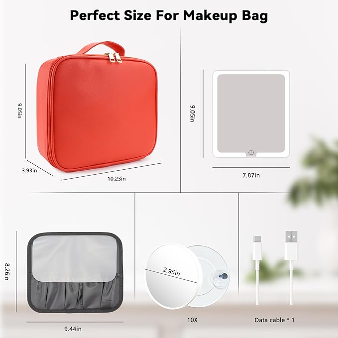 Travel Makeup Bag with LED Mirror and 10x magnifying glass with 3 Lighted Settings, Adjustable Dividers and Makeup Brush Storage Bag Red