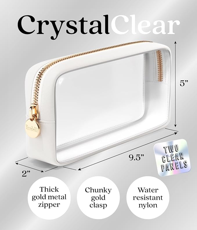 Clear Makeup Bag Zipper Pouch, Transparent Cosmetic Case Organizer, TSA Approved Travel Toiletry Case, Travel Accessories Essentials Makeup Tote for Women, Small Cute Make up Bag for Purse - White
